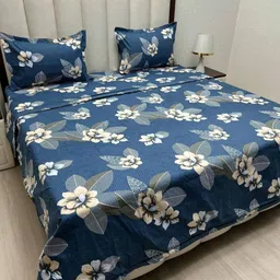 Pure Decor Blue & Beige Floral Polycotton 4 Piece Double King Superfine Bedding Set-image-20
