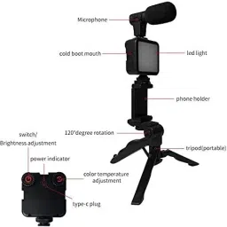 CHG Mobile Vlogging Kit with Microphone Tripod Stand and LED Light, Video Making 2 Axis Gimbal for Camera, Mobile image 2