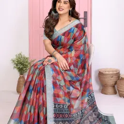 vj fashion Multi Linen Blend Printed Sarees-43