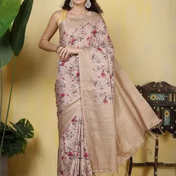 Meena Bazaar Floral Print Zari Tussar Saree-image-68