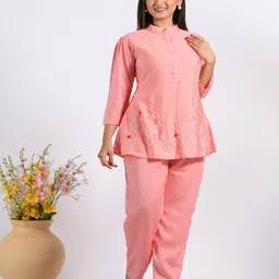 Morchari Embroidered Mandarin Collar Neck Top & Flared Trouser Co-Ords-picture-26