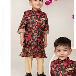 LITTLE COLLARS Boys Floral Printed Mandarin Collar Pure Silk Straight Kurta With Pyjamas-image-63