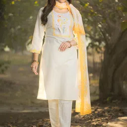 Wedani Floral Printed Sequinned Pure Cotton Straight Kurta With Trousers & Dupatta-picture-53