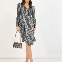 Styli Women Geomatric Print V-Neck Shimmer Wrap Full Sleeves Knee Length Dress-image-93
