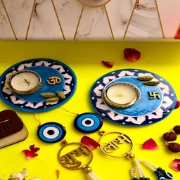 HOMEARTE Blue 4 Pieces Candle Holder & Shubh Labh Door Hangings-picture-1