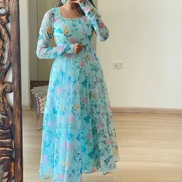 Femvy Floral Printed Empire Round Neck Anarkali Kurta With Dupatta-13