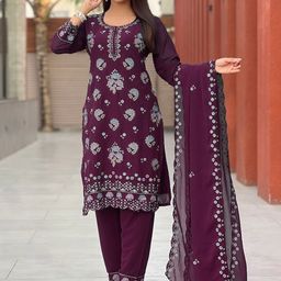 BINDUDI Women Floral Embroidered Regular Sequinned Kurta with Pyjamas & With Dupatta image 3