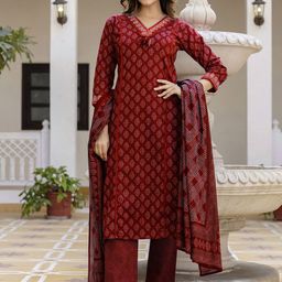 GEKHA Women Printed Regular Aari Work Pure Cotton Kurta with Trousers & With Dupatta-image-28