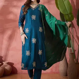Sangria Teal Floral Embroidered V-Neck Zari Straight Kurta With Trousers And Dupatta-18