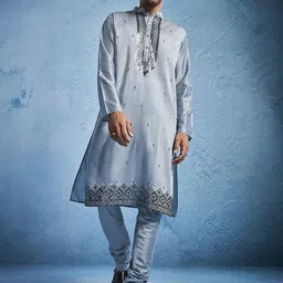 VASTRAMAY Geometric Embroidered Thread Work Mandarin Collar Straight Kurta with Pyjama-image-35