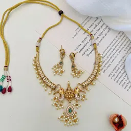 ABDESIGNS Enchanting Gold-Plated Stone Studded & Beaded Temple Jewellery Set-25