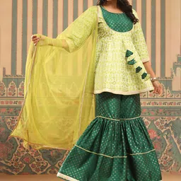Juniper Green & Yellow Ethnic Motifs Printed Gotta Patti Kurti With Sharara & Dupatta image 4