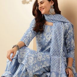 Anouk Blue Floral Printed Regular Thread Work Pure Cotton Kurta With Patiala & Dupatta-picture-7