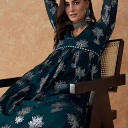 Sangria Floral Printed V-Neck Anarkali Kurta & Palazzos-image-34