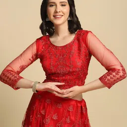 Warthy Ent Red Embroidered Thread Work Semi-Stitched Lehenga & Unstitched Blouse With Dupatta image 3