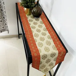 Pink Parrot Red & Beige Ethnic Motifs Table Runner With Tassels-11
