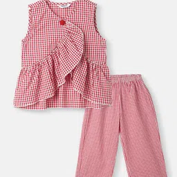 Nauti Nati Girls Checked V-Neck Pure Cotton Top With Trousers-image-88