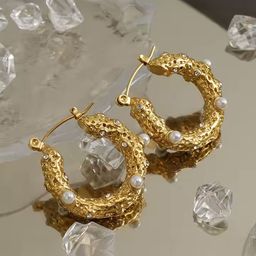SHARLEEZ Stainless Steel 18K Gold Plated Zircon Studded & Pearls Beaded Hoop Earrings-29