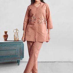 Komarri U Floral Embroidered Mandarin Collar Neck Top With Trousers Co-Ords-image-81