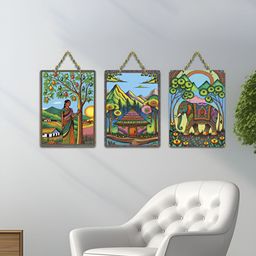 ArtVibes Green 3 Pieces Folk Tales of the Countryside Printed Wooden Hanging Wall Arts-image-49
