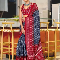 PEENGAX Women Floral Block Print Pure Cotton Bagru Saree-24