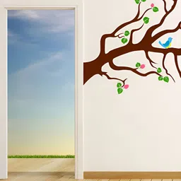 LANSTICK Green & Brown Tree with Birds & One Cage Self Adhesive Wall Sticker-19