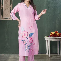 MOJILAA Floral Printed Sequinned V-Neck Straight Kurta With Trouser-picture-37