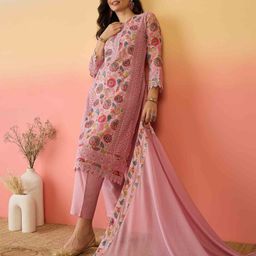 Sangria Pink Floral Printed Schiffli Embroidered Cotton Kurta With Trouser And Dupatta-image-14
