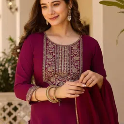 CaniBani Women Ethnic Motif Embroidered Thread Work Straight Kurta Set With Dupatta-picture-29