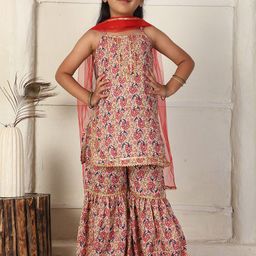 Cutiekins Girls Ethnic Motifs Printed Regular Gotta Patti Kurta With Sharara & Dupatta-picture-37