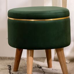 THREADVIBE LIVING Green & Brown Wooden & Velvet Round Ottoman-image-50