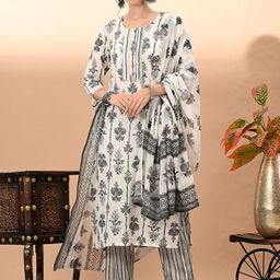 VIDHANI Women Floral Printed Regular Pure Cotton Kurta with Trousers & With Dupatta-picture-3