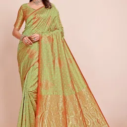 DIVASTRI Ethnic Motifs Zari Silk Blend Banarasi Saree-image-92