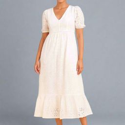 SWI Stylish Women Floral Self Design Puff Sleeves V-Neck Cotton Fit and Flare Midi Dress-image-35