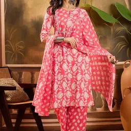 Sangria Women Floral Printed Cotton Kurta with Palazzo & Dupatta-15