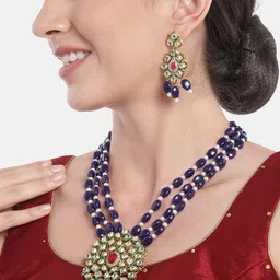 Anouk Women Gold-Plated Kundan Studded Layered Beaded Necklace with Earrings-37