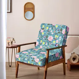 Chumbak Teal & Pink Floral Printed Wooden Lounge Chair-image-10