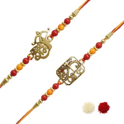 MEIRA JEWELLERY Set Of 2 Stone-Studded & Beaded Rakhi With Greeting Card Gift Set-image-37