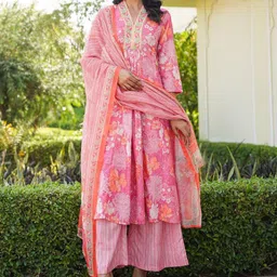 KALINI Floral Printed V-Neck Pleated A-Line Kurta With Palazzos And Dupatta-6