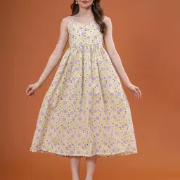 Chandbaali Women Floral Printed Shoulder Strap Cotton Fit and Flare Midi Dress-image-5