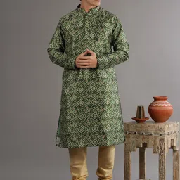 Exotic India Men Bandhani Print Cotton Silk Mandarin Collar Kurta-Pajama Set-image-32