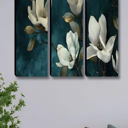 Myntra Elegant Homes Teal & White 3 Pcs Wooden Flower Painting Floral & Botanical Wall Art-picture-10