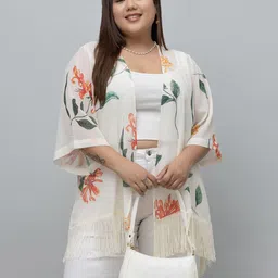 PURYS PLUS Floral Printed Tasselled Regular Shrug-image-12