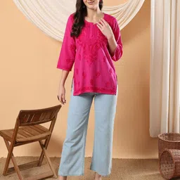 Poshak Chikan Studio Floral Embroidered Chikankari Pure Cotton Chikankari Kurti-image-28