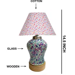 Aura White & Pink Floral Printed Frustum Shape Glass & Wooden Table Lamp-31