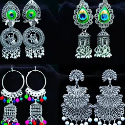 ANNORA INTERNATIONAL Pair of 4 Silver Oxidised Jhumka Earrings-picture-12