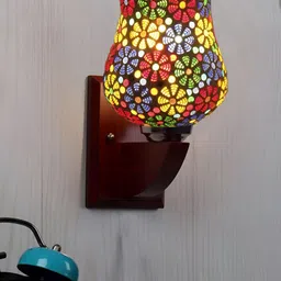 Devansh White & Yellow Printed Wood Traditional Wall Lamp-11