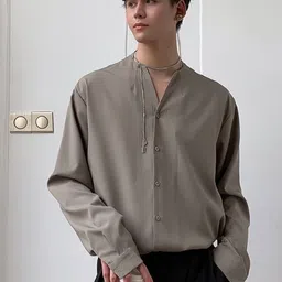 KPOP Men Original Solid Collarless Cotton Casual Shirt-image-77