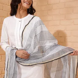 Fabindia Striped Cotton Silk Block Print Dupatta-picture-1