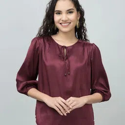 PURYS Tie-Up Neck Satin Blouson Top-image-29